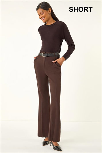 Brown Short Bootcut Stretch Trousers