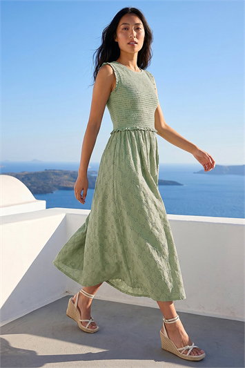 Petite Frill Shirred Midi Dress 14902082