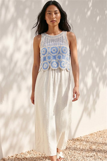 Blue Petite Crochet Top Linen Blend Maxi Dress
