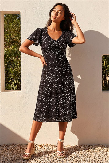 Black Petite Polka Dot Drawstring Midi Dress