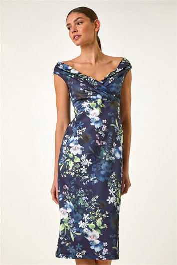 Floral Print Bardot Stretch Midi Dress 14731160