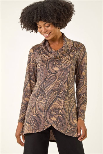 Cream Paisley Print Cowl Neck Stretch Top