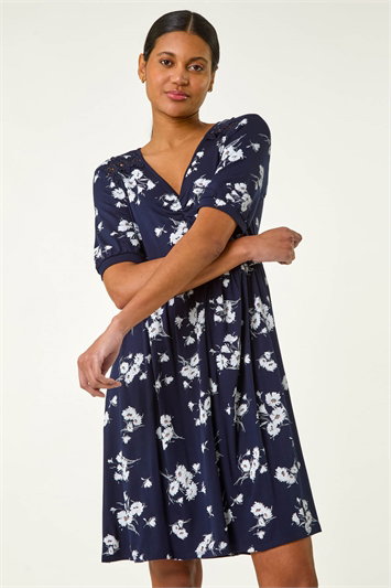 Blue Floral Print Lace Trim Stretch Dress