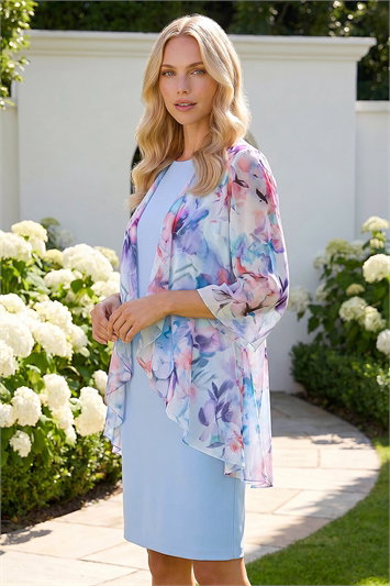 Blue Petite Floral Print Dress & Shrug