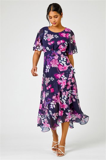 Floral Chiffon Frill Asymmetric Midi Dress 14236260