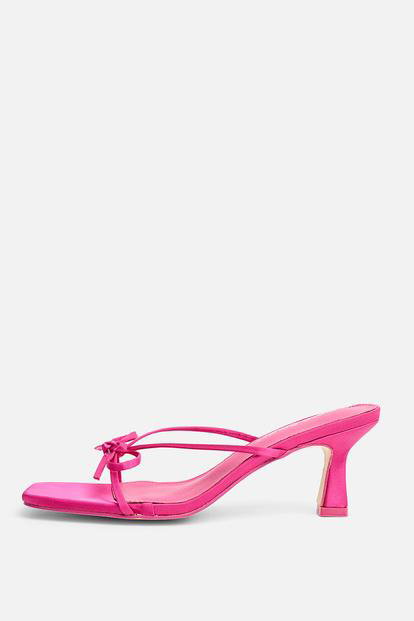Pink Cindy Hot Pink Satin Strap Bow Mid Heel Mules