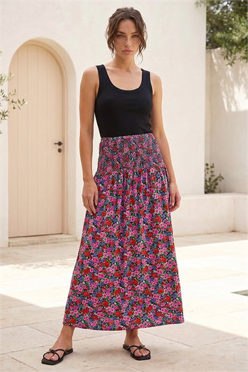 Petite Floral Print Shirred Midi Skirt 17076278