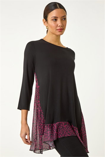 Red Animal Print Contrast Mesh Hem Stretch Top
