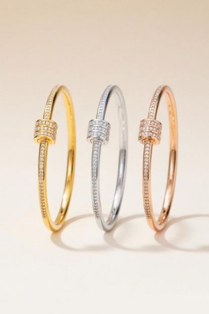 Metallic Stainless Steel Zircon Ball Crystal Round Fashion Open Bangle Bracelet