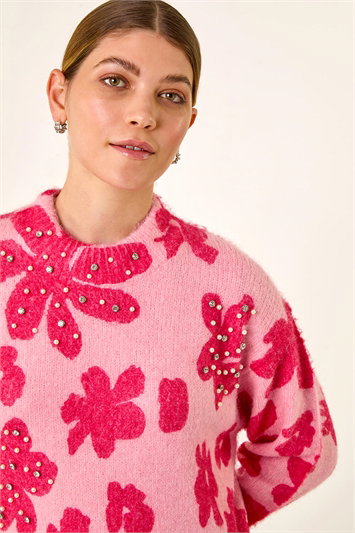 Pink Floral Hotfix Knit Jumper