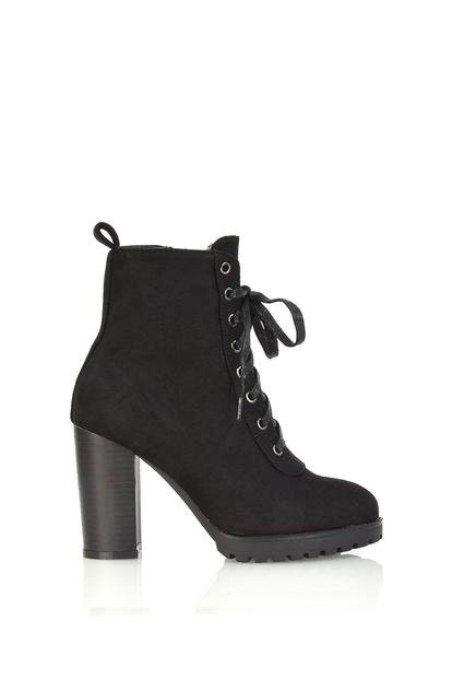 Black 'Ariel' Lace Up High Block Heel Zip-Up Biker Ankle Boots