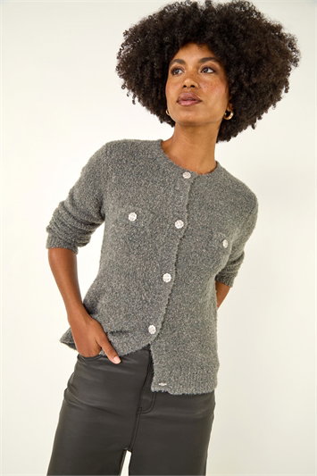Grey Fluffy Sparkly Button Cardigan
