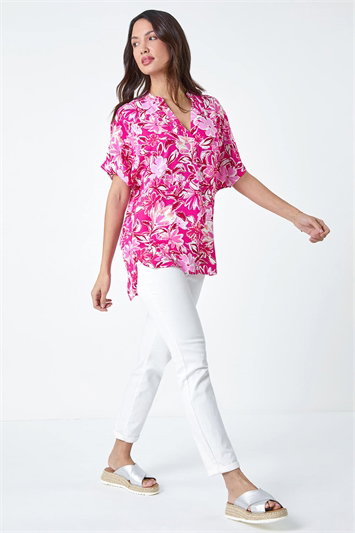 Floral Print V-Neck Pleat Front Overshirt 20132172