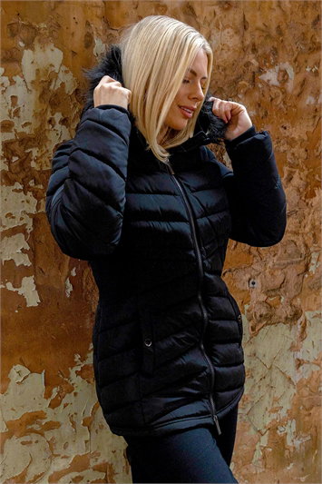 Faux Fur Hooded Quilt Coat 12030208
