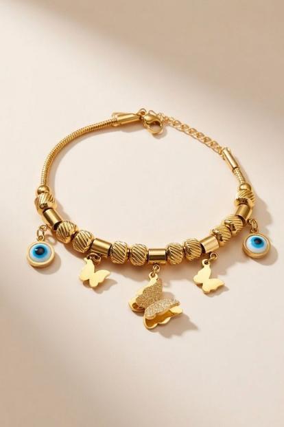Metallic Rose Gold Evil Eye Butterfly Dangle Charms Animal Dangly Bracelet
