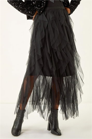 Black Elastic Waist Mesh Layered A Line Skirt