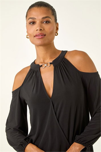 Multi V-Neck Cold Shoulder Wrap Stretch Top