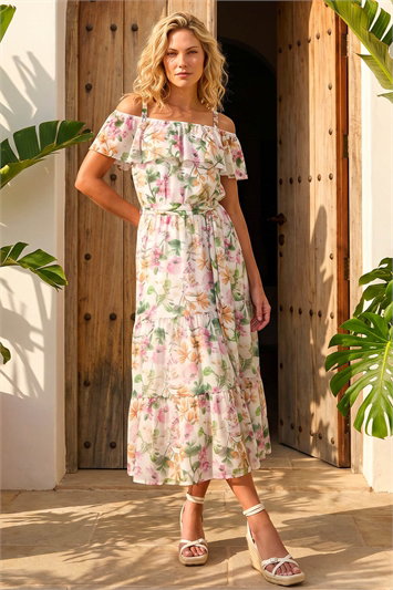 Cream Floral Print Bardot Midi Dress