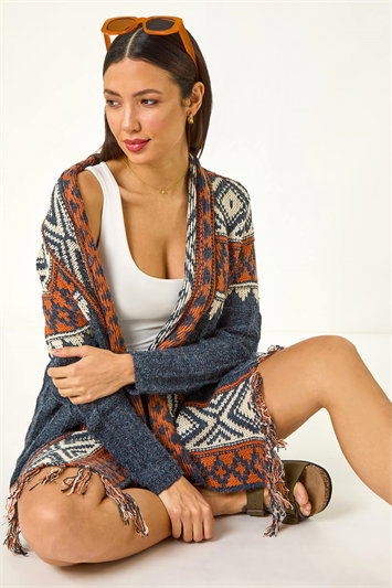 Blue Geo Patterned Longline Fringe Cardigan