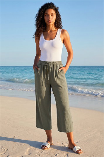 Green Petite Linen Blend Wide Cropped Trousers