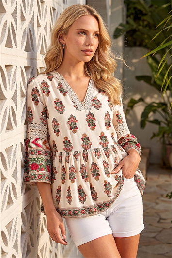 White Petite Print V-Neck Lace Top