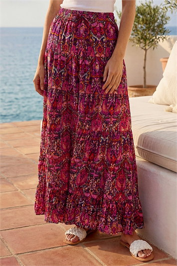 Black Abstract Print Tiered Skirt