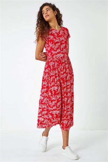 Ditsy Gathered Skirt Stretch Midi Dress 14361378