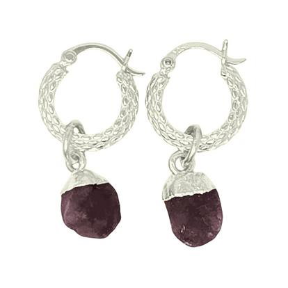 Metallic Raw Garnet January Birthstone Huggie Hoops Sterling Silver Gemstone Earrings