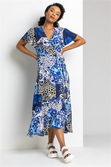 Petite Geo Floral Frill Wrap Dress 14232409