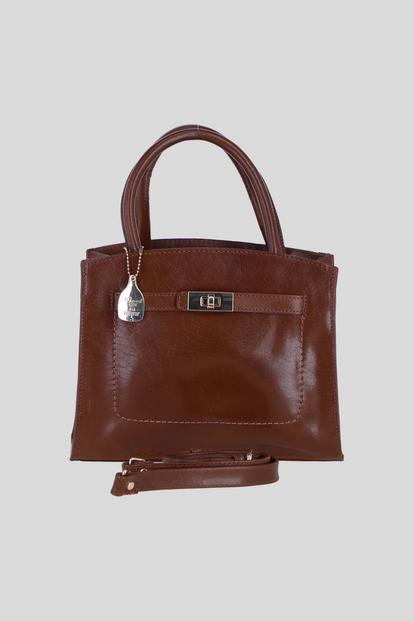 Black Genuine Leather Structured Handbag With Detachable Crossbody Strap