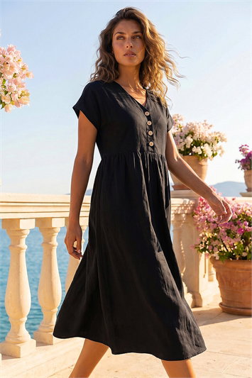 Linen Look Button Midi Dress 14732408