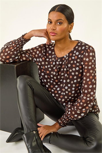 Brown Spot Print Shirred Cuff Top