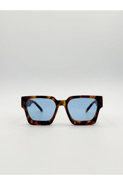Brown Chunky Oversize Square Sunglasses In Tortoiseshell With Blue Lenses
