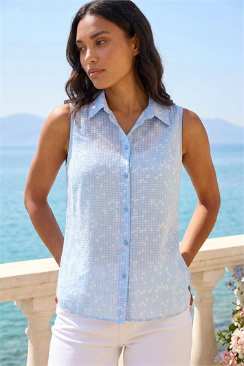 Blue Ditsy Floral Sleeveless Blouse
