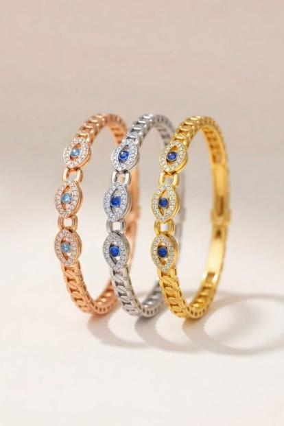 Metallic 18Ct Rose Gold Plated Evil Eye Round Brass Gold Zircon Armlet Bangle Bracelet