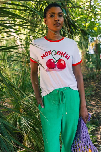White Cherry Slogan Stretch T-Shirt