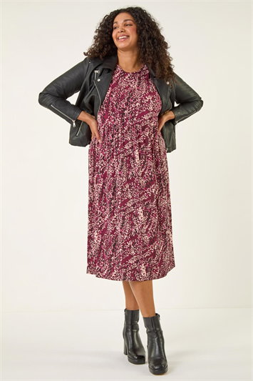 Red Curve Spot Print Stretch Midi Dress