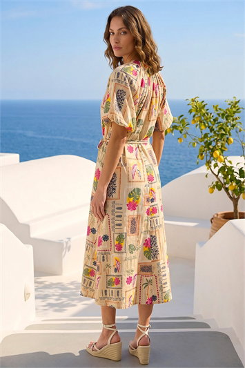 Petite Postcard Tie Waist Midi Dress 14831588