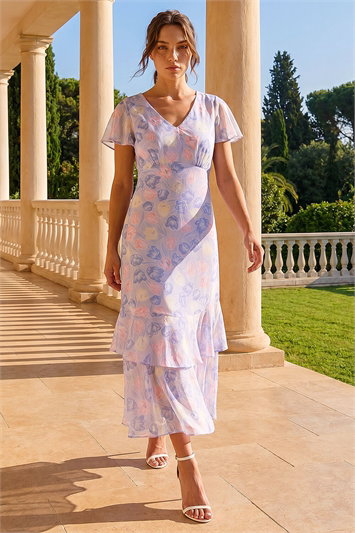 Purple Petite Floral V-Neck Frill Midi Dress