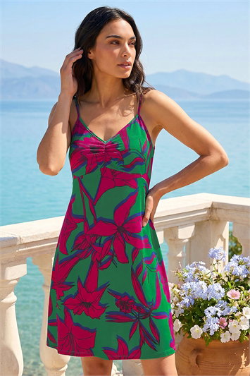 Green Strappy Tropical Floral Mini Dress