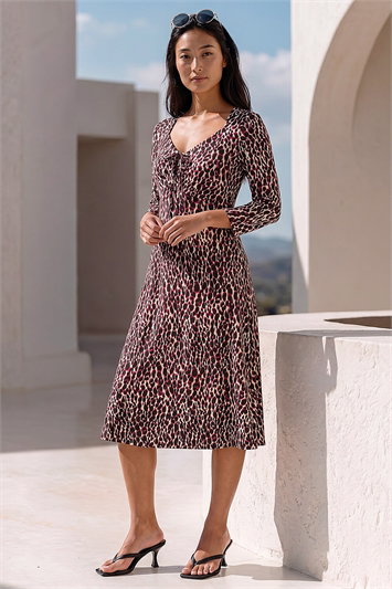 Red Petite Animal Print Ruched Stretch Midi Dress