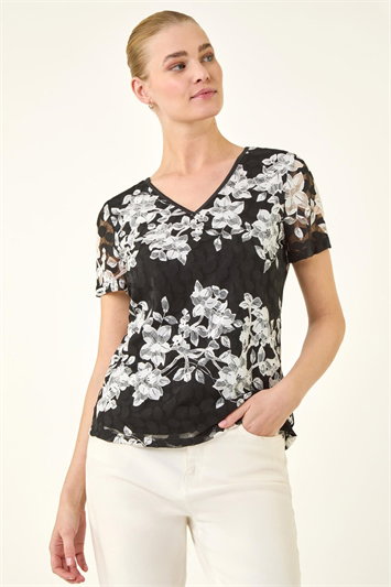Black Floral Lace V-Neck Top
