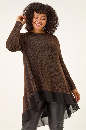 Metallic Curve Glitter Chiffon Hem Tunic Top