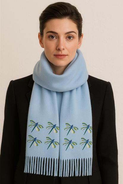 Blue Cashmere Feel Luxury Scarf Handprinted With Dragonflies