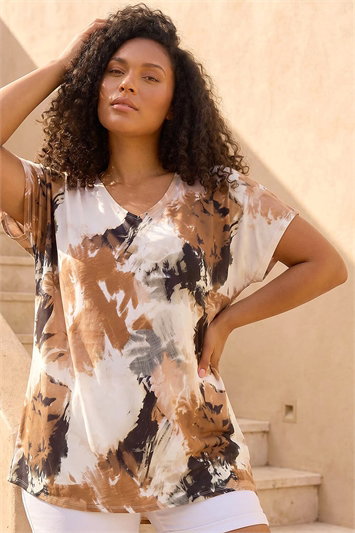 Brown Curve Printed V-Neck Woven Top