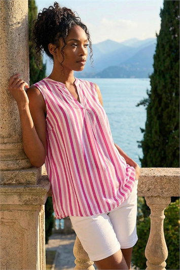 Pink Stripe Print Pleated Vest Top