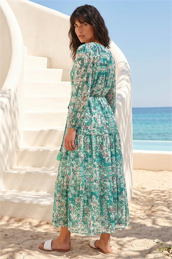 Printed Metallic Tie Waist Maxi Dress 14839234