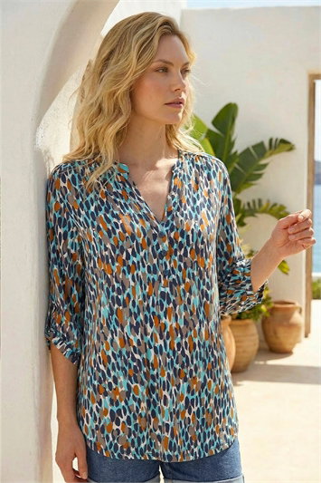 Blue Spot Print Notch Neck Shirt