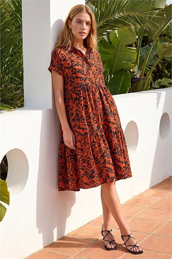 Leaf Print Collared Smock Dress 14728681