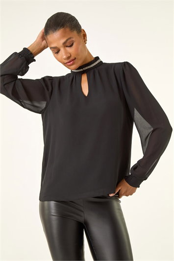 Black Sparkly Trim High Neck Top